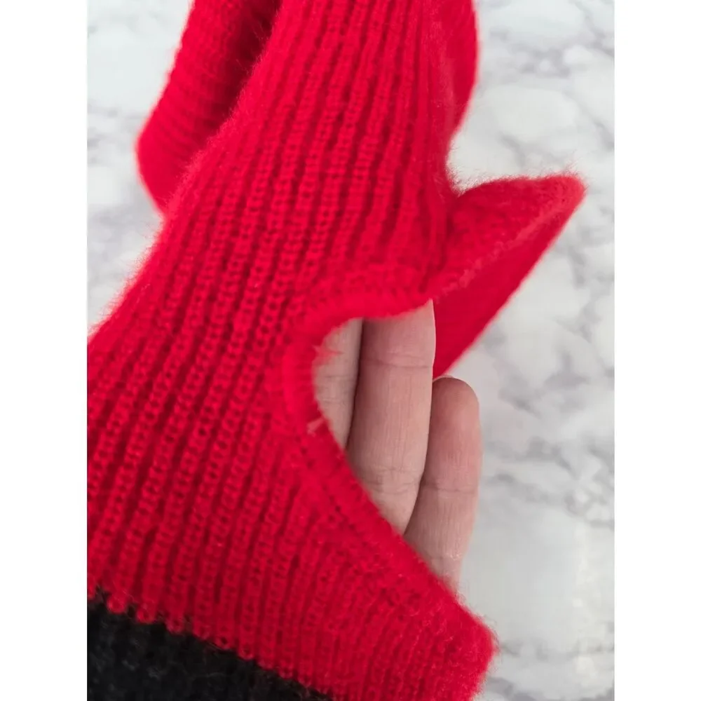 Vintage Red Knit Pom Pom Hat with Black Stripe 60s 70s Infant or Toddler